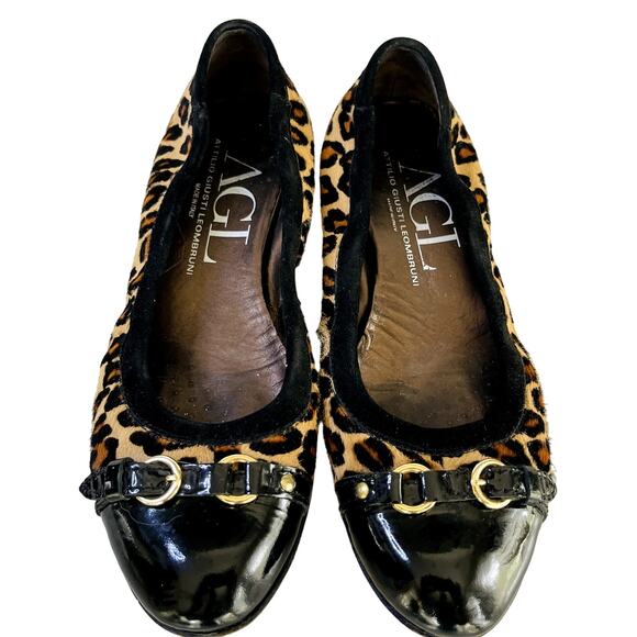 AGL Ballet Flats Cap Toe 39.5 Leopard Ponyhair Black Comfort Leather Classic - Picture 1 of 13